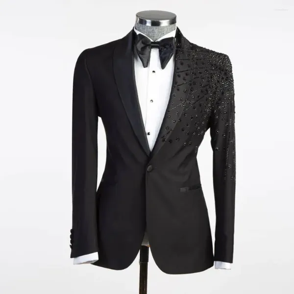 Ternos masculinos pretos para cristais de casamento jaqueta frisada calças 2 peças noivo smoking sob medida homem moda roupas traje homme 2024