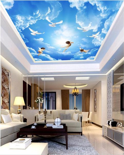 WDBH 3d teto mural papel de parede personalizado po Anjos céu azul nuvens brancas sala de estar decoração de casa murais de parede 3d papel de parede para wall8417398
