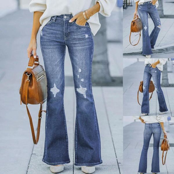 Damenhosen Frühling Sommer Frauen Jeans Ripped Hole Denim Flare Für Hohe Taille Gerade Hosen Mit Taschen Breites Bein