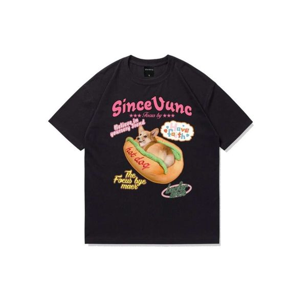 Vunc Kadın Giysisi | Amerikan Moda Markası Hot Dog T-Shirt Büyük Boy Çin-Şık Omuz Damla Çift Kısa Kollu Üst