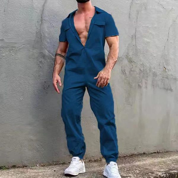 Tute da uomo Oldyanup Tuta da uomo 2024 Moda estiva Risvolto allentato Cerniera Manica corta Tute Pantaloni cargo vintage Pagliaccetto Streetwear