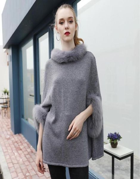 Maglioni da donna039 Cappotto poncho a mantella in vera lana invernale caldo maglione lavorato a maglia con finiture in pelliccia per le donne4702094