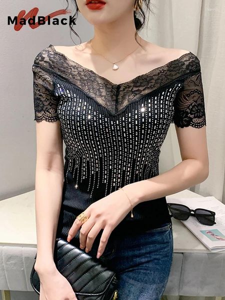 Mulheres Camisetas MadBlack Verão Alças Rebite Camisetas Roupas Europeias Sexy Lace Shinny Diamantes Mulheres Slim Tops Manga Curta Botto