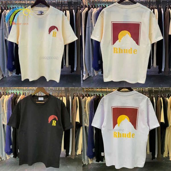 Мужские футболки в стиле хип-хоп, свободная футболка Moonlight Rhude для мужчин и женщин, 1 бирка, 100% хлопок, футболка с принтом заката, белая абрикосовая футболка 601
