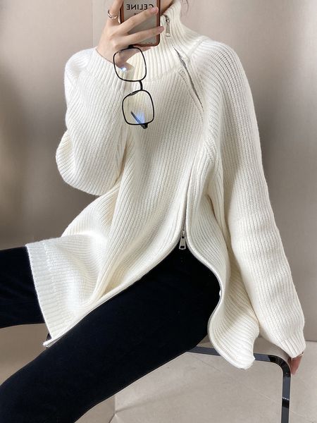 Kadınlar için Çift Kafa Diagonal Fermuarı Yüksek Boyun Süveteri ile Moda Tasarım Sonbahar ve Kış Tembel Sıradan Örgü Sweater