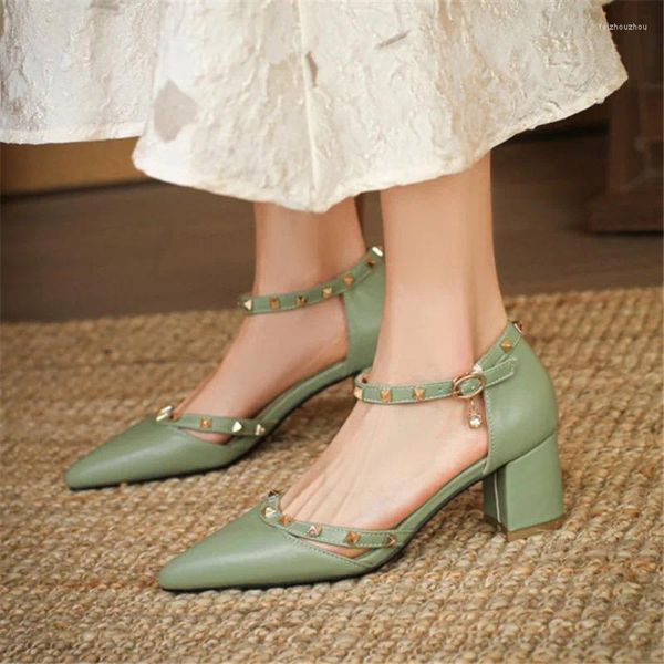 Sandálias PXELENA Verão 34-43 Plus Size Mulheres Rebite Ankle Strap Apontado Toe Bloco Alto Salto Alto Trabalho Diário Escritório Senhora Sapatos Verde