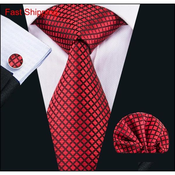 Cravatte di seta rosse per uomini interi scozzesi e quadri Cravatta Fazzoletto Gemelli Set regalo per la parte di nozze Affari N-1607 Z5Vcv261e