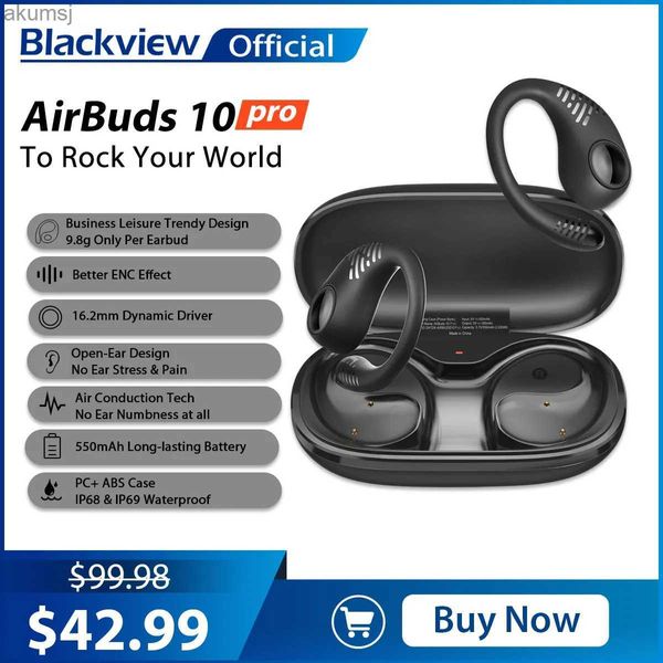 Наушники для сотового телефона Blackview AirBuds 10 Pro с воздушной проводимостью Bass ENC Наушники с открытым ухом Гарнитура True Wireless Стереонаушники Спортивные TWS с микрофоном YQ240304