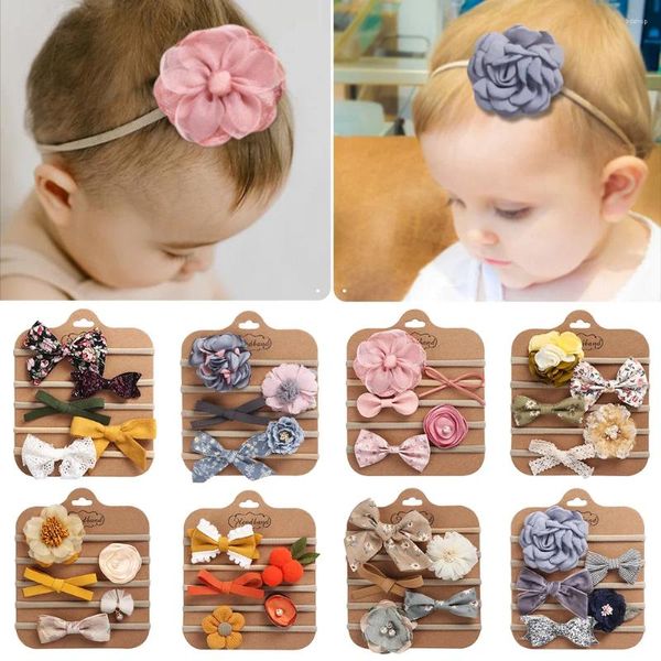 Acessórios de cabelo 5 Pçs / set Flor Tecido Pano Bow Imprimir Bebê Headband Elastic Nylon Bandas Born Pogal Props Kids