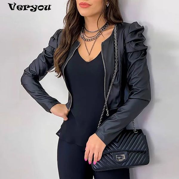 Giacca da donna Cerniera in pelle Giubbotti Cappotto Autunno Manica a sbuffo Cappotto nero Outwear Elegante giacca sottile Donna Black Jack Coat240304