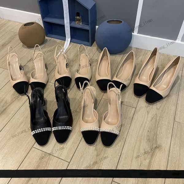 2024 primavera verão slingbacks camurça preto boné toe bege couro sandália sapatos bloco salto alto boné toe slides ballet plana mary jane bombas nuas pérola vestido de festa sapato