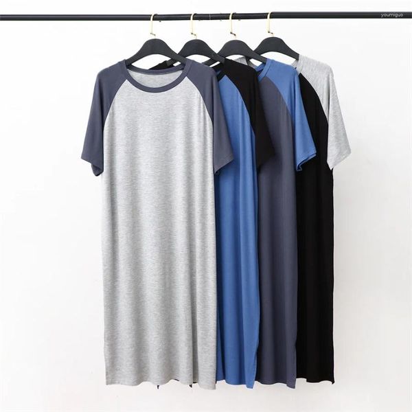 Masculino sleepwear 2024 modal o-pescoço camisola retalhos robes de comprimento médio solto casa roupas loungewear para homem vestido plus size