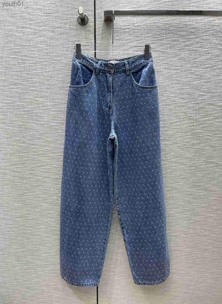 Jeans da donna Jeans di marca Pantaloni dritti in denim a vita alta stampati a pois ondulati Pantaloni in tessuto importato tagliati stile retrò Jeans firmati Abbigliamento 240304