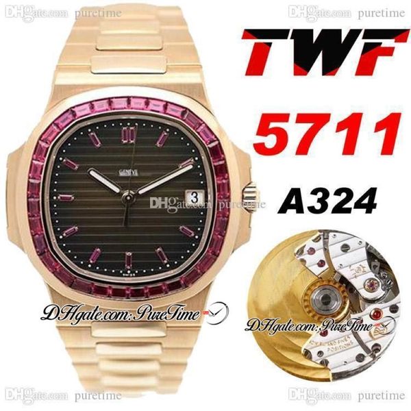 TWF Jumbo Platinum Ruby Bezel Розовое золото 5711 Черный текстурированный циферблат A324 Автоматические мужские часы Hip Hop Edition PTPP 2021 Puretime 282p