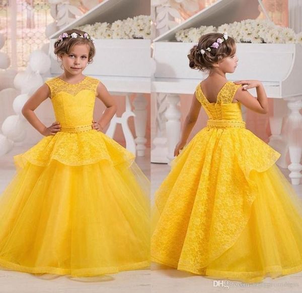 Sarı sevimli çiçek kızlar elbiseler şeffaf mürettebat boynu kolsuz korse arka katmanlar etek prenses çocukları düğünler için balo parti önlükleri2341031631