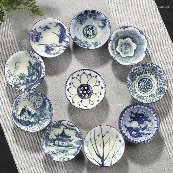 Copos pires 4 pçs/set azul e branco porcelana xícara de chá pintados à mão cone xícara de chá estilo chinês padrão acessórios puer conjunto