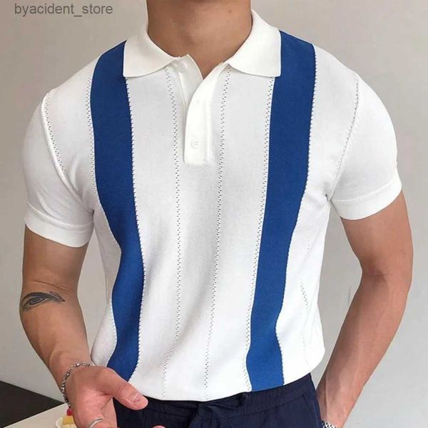 Homens camisetas Mens Verão T-shirt Slim Fit Fine Knit Polo Camisa Básica Bloco de Cor Simples Camisa de Manga Curta Listrada Lapela Camisas de Negócios Sho L240304
