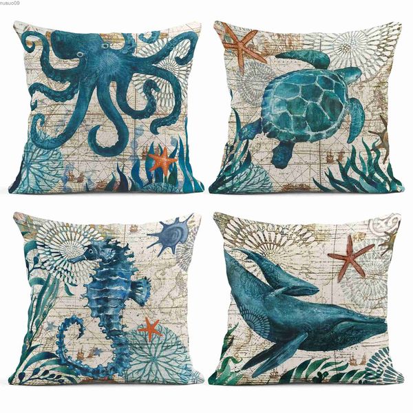 Stuhlhussen Sea Life Whale Octopus Returned Seahorse Kissenbezug Home Dekoration Wohnzimmer Sofa Kissenbezug 50*50 Leinen Kissenbezug 40*40