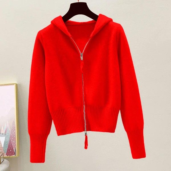 Maglione corto con cappuccio lavorato a maglia da donna Autunno Inverno Studenti delle scuole medie e superiori Sciolto versatile Maglieria Cardigan Giacca Abbigliamento esterno