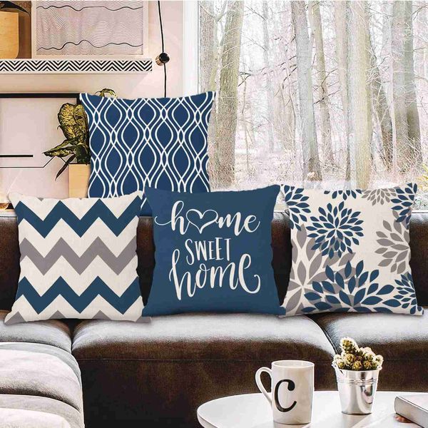 Coprisedie Federa in lino geometrico blu e bianco Fodera per cuscino per divano La decorazione della casa può essere personalizzata per te 40x40 45x45 50x50