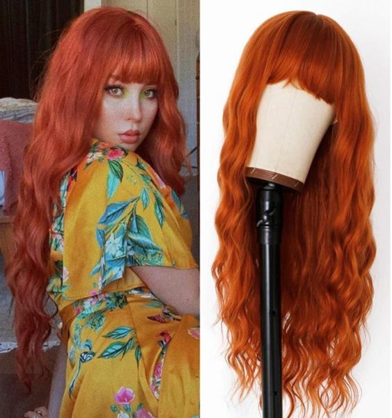 Peruca laranja solta e encaracolada com franja elegante, cabelo de fibra sintética resistente ao calor, 24 polegadas de comprimento, sem cola, máquina completa, sem renda, repla7097952