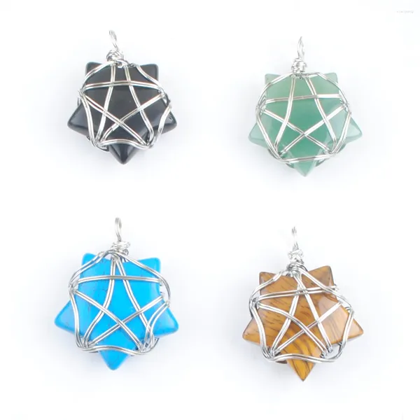 Anhänger Halsketten Natürlicher Tigerauge Opal Stein Handgefertigt Wire Wrap Pentagram Weave Charm Reiki Schmuck Großhandel 4 Stück TBN538