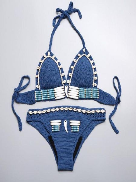 Novo boêmio feminino039s halter tecer crochê maiô tankinis conjunto de biquíni conchas frisado malha biquinis beach wear banho banho 4247006