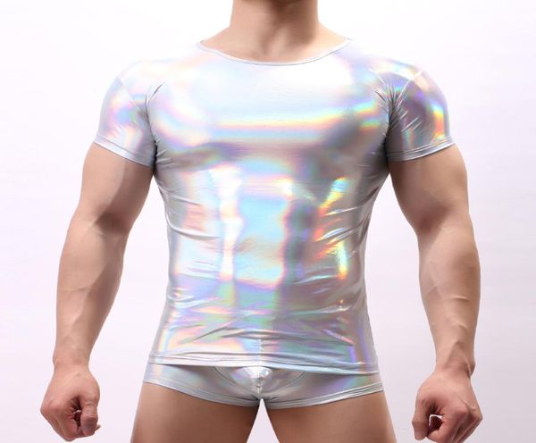 Sexy Kunstleder-Herrenhemd, glänzendes Wet-Look-Stretch-Gay-Unterhemd, Latex-blaue Hemden für Männer, helle Kurzarm-Clubwear-Bühnenkostüm9173599