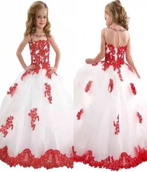 Prenses Kızlar Pageant Elbiseleri Yüksek kaliteli şeffaf boyun parlak boncuklar kırmızı dantel ve beyaz tül anahtar deliği arka küçük kızlar balo elbisesi pr4430521