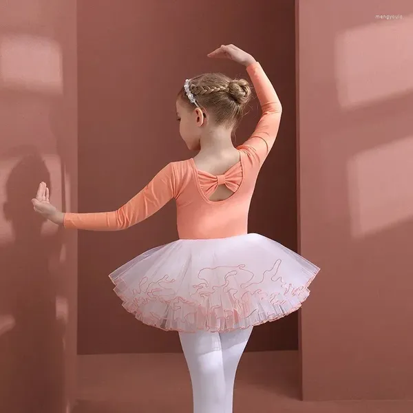 Concorso di abbigliamento da palcoscenico Abito da ballerina rosa a maniche lunghe con fiocco Body da principessa coreana Allenamento di danza