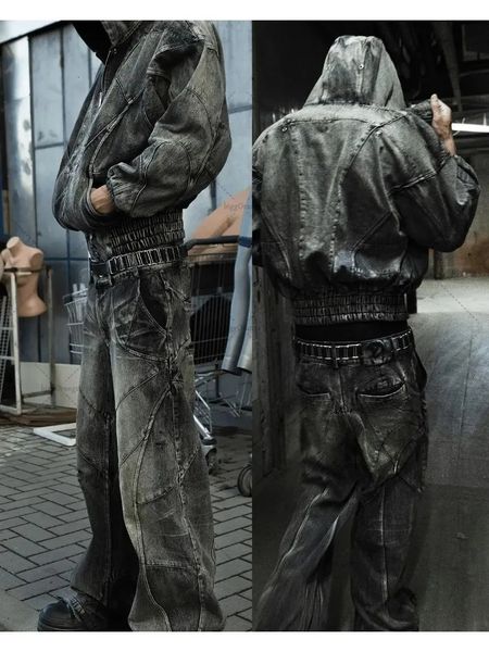 Y2k moda americana borla preto e cinza lavado jeans homens rua estilo punk gótico adolescentes retro solto calças largas 240227