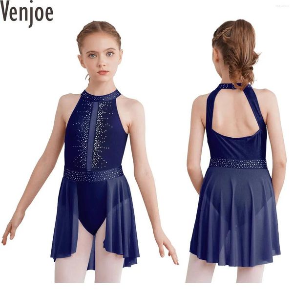 Abbigliamento da palco per bambini, ragazze, senza maniche, con scollo all'americana, strass lucidi, vestito da ballo lirico, competizione, body con gonna, pattinaggio su ghiaccio