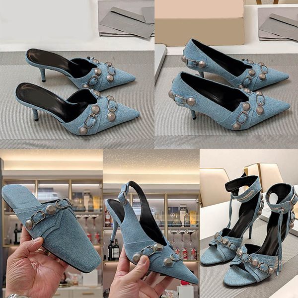 Vestido Mulheres Sandálias Vintage Azul Denim Slingbacks Bombas Designer 9cm Salto Stiletto Sandália Slides Chinelos Mules Sapatos de Motocicleta Mule Apontou Toe