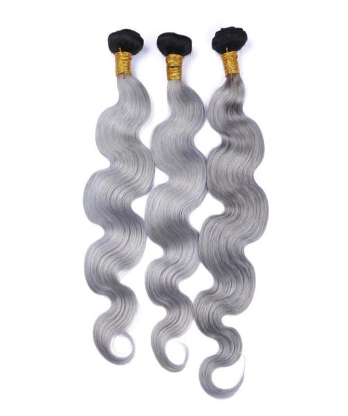 Черно-серый Ombre Бразильские пучки человеческих волос Темный корень 3 шт. 1BSСеребристый серый Ombre Virgin Hair Wefts Объемная волна волос Exte7333717