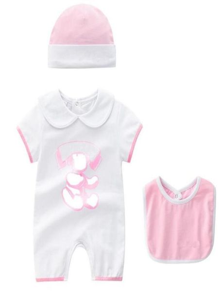 Moda verão 3 PCS Macacão recém-nascido roupas de bebê unissex Carta dos desenhos animados Imprimir manga curta infantil menino menina Romper e chapéu Babadores set7793102