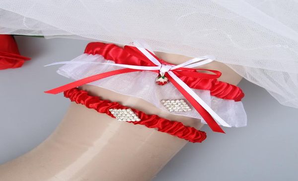 2 peças branco vermelho casamento ligas de noiva para noiva conjunto casamento nupcial perna ligas barato em stock2354019