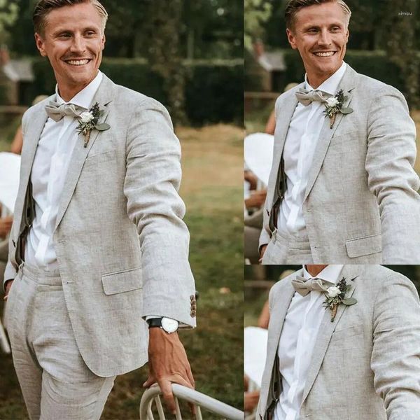 Abiti da uomo in lino spiaggia per matrimonio estate sposo smoking con risvolto dentellato 2 pezzi moda maschile blazer (giacca pantaloni) 2024