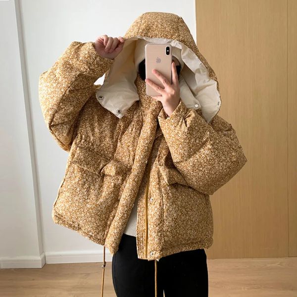 Schichten Janveny Blumen mit Kapuze flauschiger weißer Ente Down Jacke Frauen Winter weibliche Parkas Streetwear Fledermaushülle loser warmer Puffermantel