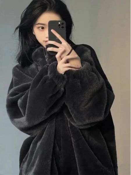 Мех черный искусственный кролик мех флисовый пиджак Женщины зимний длинное рукав стой