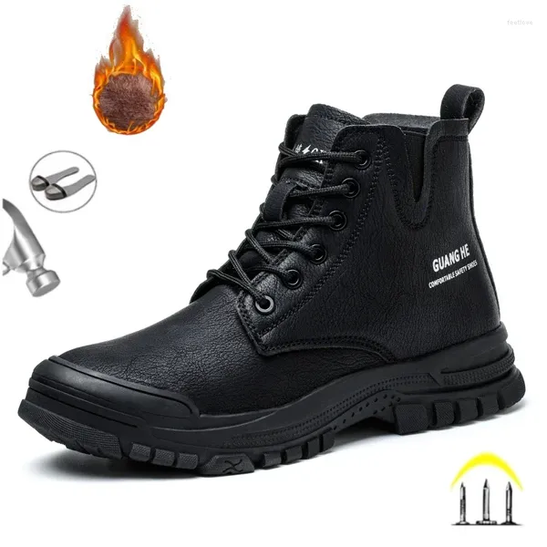 Stiefel Schwarzes Leder Herren Winter Plüsch Arbeitssicherheit Unzerstörbare Stahlkappe Anti-Smash-Schuhe Anti-Pannen-Schutzschuhe