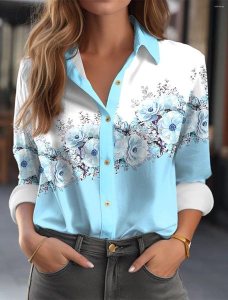 Blusas femininas flor impressão camisa blusa feminina elegante escritório senhoras roupas primavera outono moda lapela único breasted manga longa topos