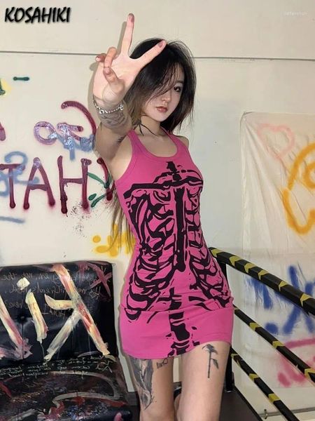 Sıradan Elbiseler 2024 Kolsuz Tank Elbise Kadın Punk Robe Vintage Haruku Baskı Mini Tüm Maç Temel Pencil Yaz Vestido