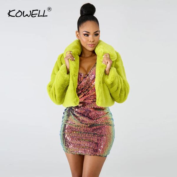 Pele venda quente 2019 moda verde limão curto casaco de pele do falso inverno neon fluorescente quente cardigan recortado jaqueta fofo casacos de pelúcia