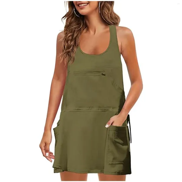 Vestidos casuais mulheres estilingue tênis saia esportes senhoras sem mangas mini vestido com bolsos curto treino solto vestidos