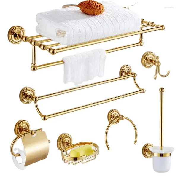 Set di accessori per il bagno Hardware in ottone dorato Accessori per il bagno Mensola Portasapone Porta carta igienica Dispenser di sapone Gancio per accappatoio Kxz009