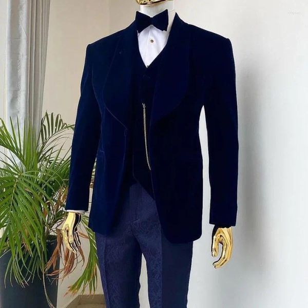 Herrenanzüge 3 Stück Samt Hochzeit Smoking für Bräutigam Slim Fit Männer Männlich Mode Jacke mit Blumenhose Weste 2024