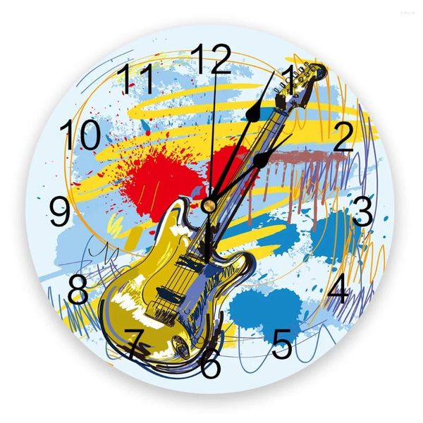 Orologi da parete Chitarra colorata Musica Splash Art Orologio rotondo sospeso Tempo silenzioso Interno di casa Camera da letto Soggiorno Arredamento per ufficio