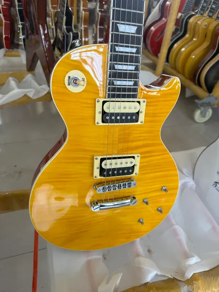 Chitarra elettrica standard, colore sfumato con motivo tigre giallo, luce intensa, cartuccia aperta nera e gialla, disponibile, consegna veloce