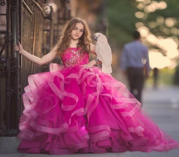 Fuchsia Stufenröcke Blumenmädchenkleider für Hochzeit Organza Applikationen Mädchen Festzug Kleider Perlen Kleinkind Kinder Geburtstag Party Dres6646280