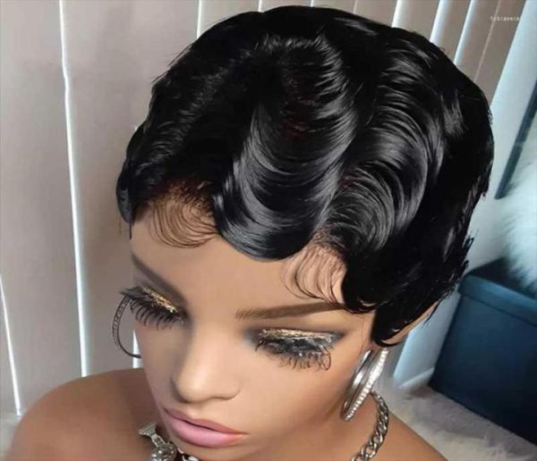 Perucas de renda crissel brasileiro curto pixie corte cabelo humano realmente bonito dedo ondas penteados para mulheres negras máquina completa feita tobi25669534